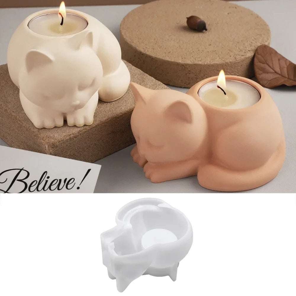 3D Cat Candle Holder Silicone Mold Candlestick Jar Cup Mould Animal