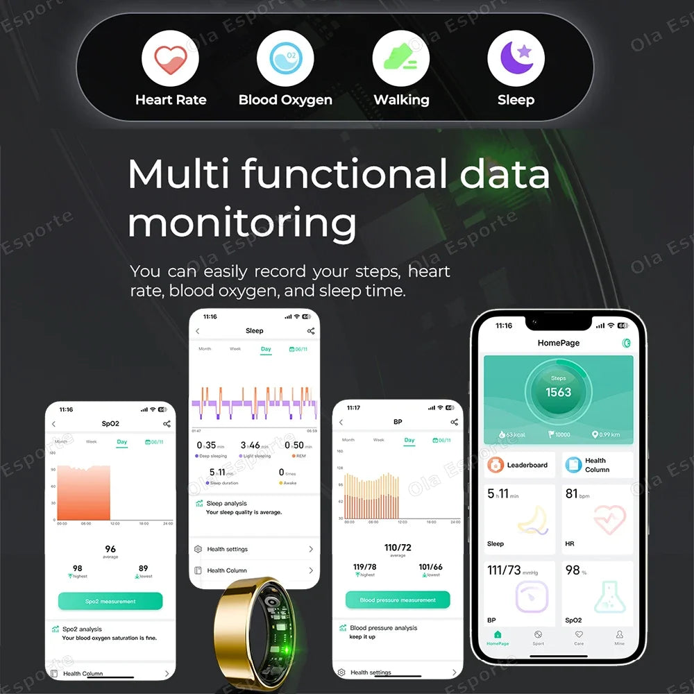 Smart Ring Men Women Bluetooth Monitor Blood Heartrate Oxygen