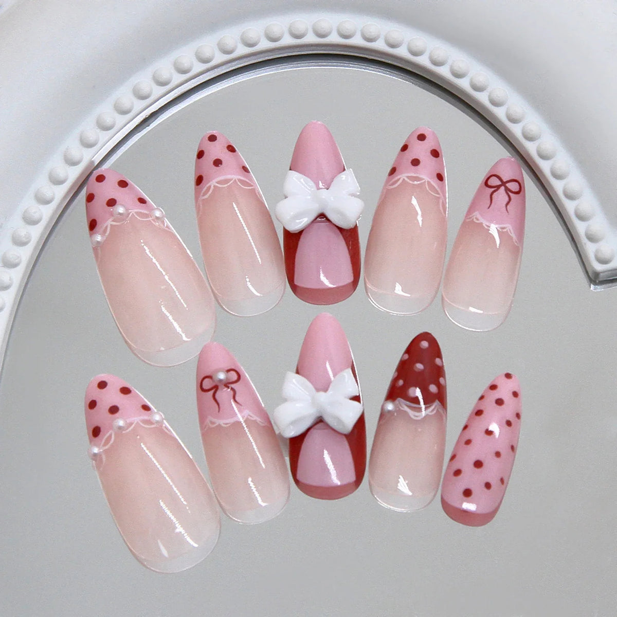24pc Almond French Press On Nails with 3D Bow Decor – Long