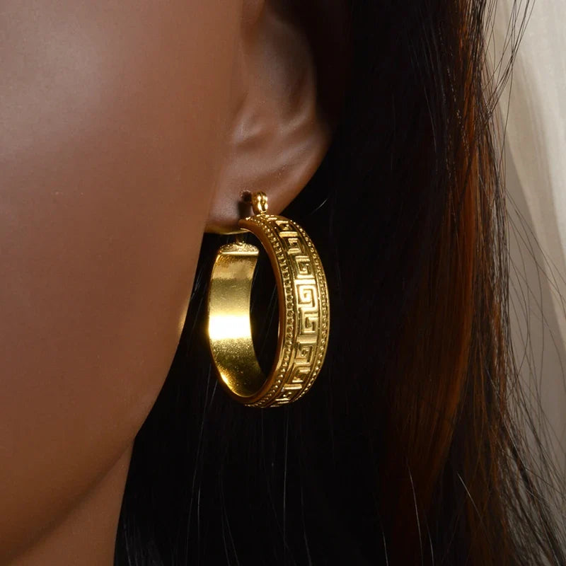 Huitan Greek Key Hoop Earrings – Vintage Geometric Women's Jewelry