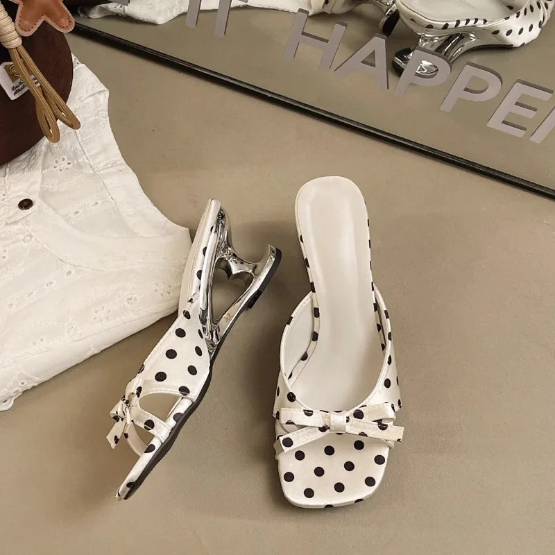 Women's Polka Dot Wedge Slippers – Square Toe High Heel Slides