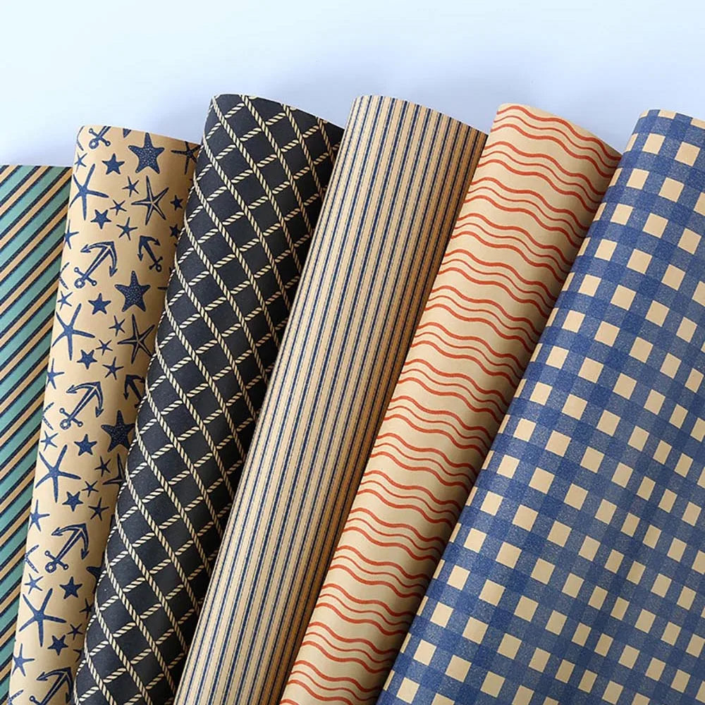70x50cm Retro Wrapping Paper Blue Grid Wave Sea Star Pattern Bouquet