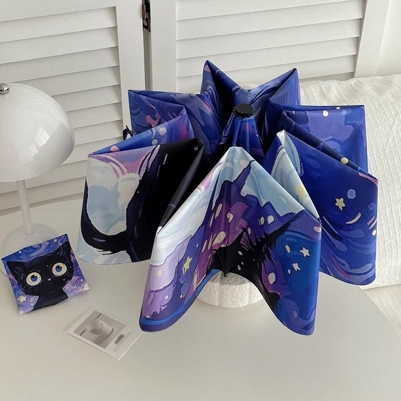 Purple Cartoon Cat Folding Umbrella – UV & Sun Protection
