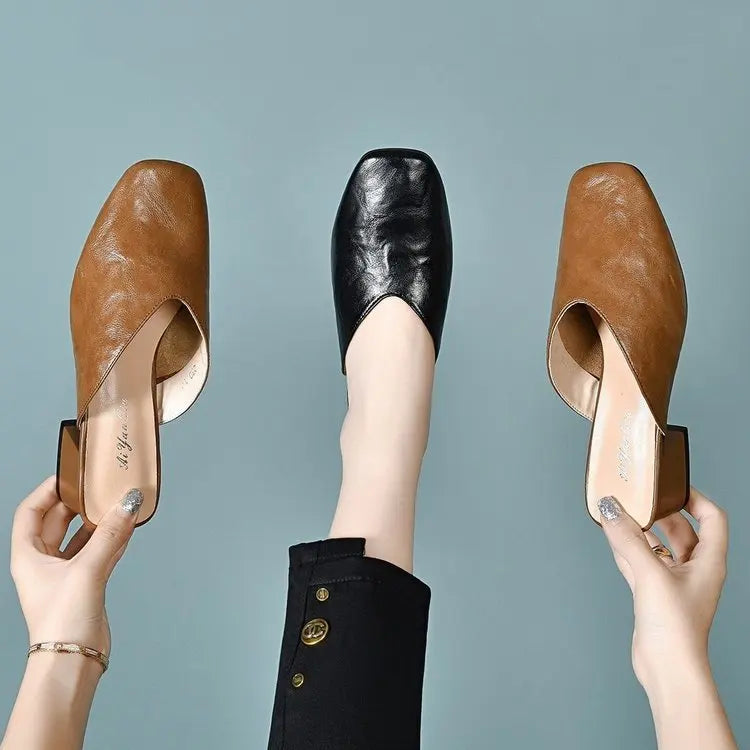 Women's Retro Square-Toe Chunky Heel Mule Sandals | Slip-On