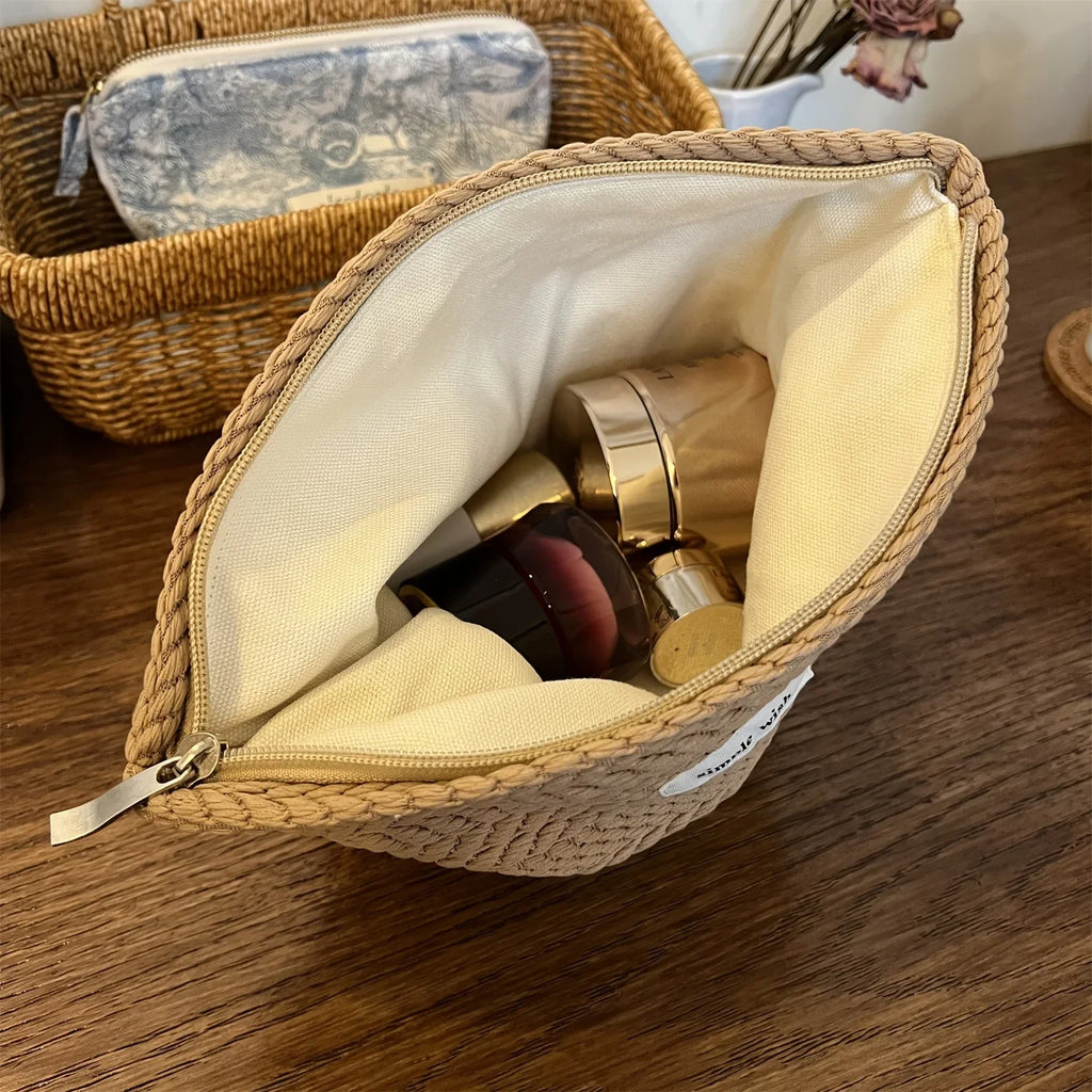 Rice Grain Pattern Woven Fabric Handbag Women's Travel Cosmetic