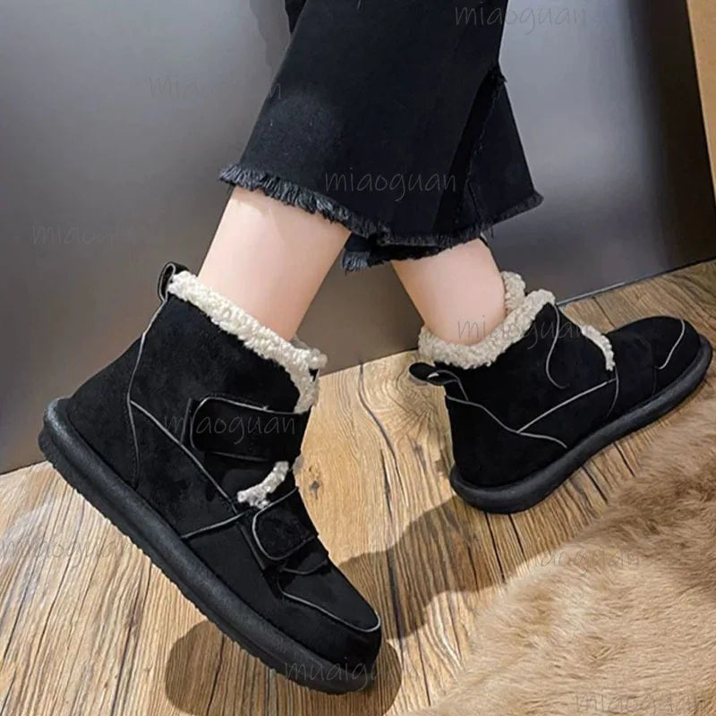 Women's Faux Suede Snow Boots – Fur-Lined Flat Ankle Booties
