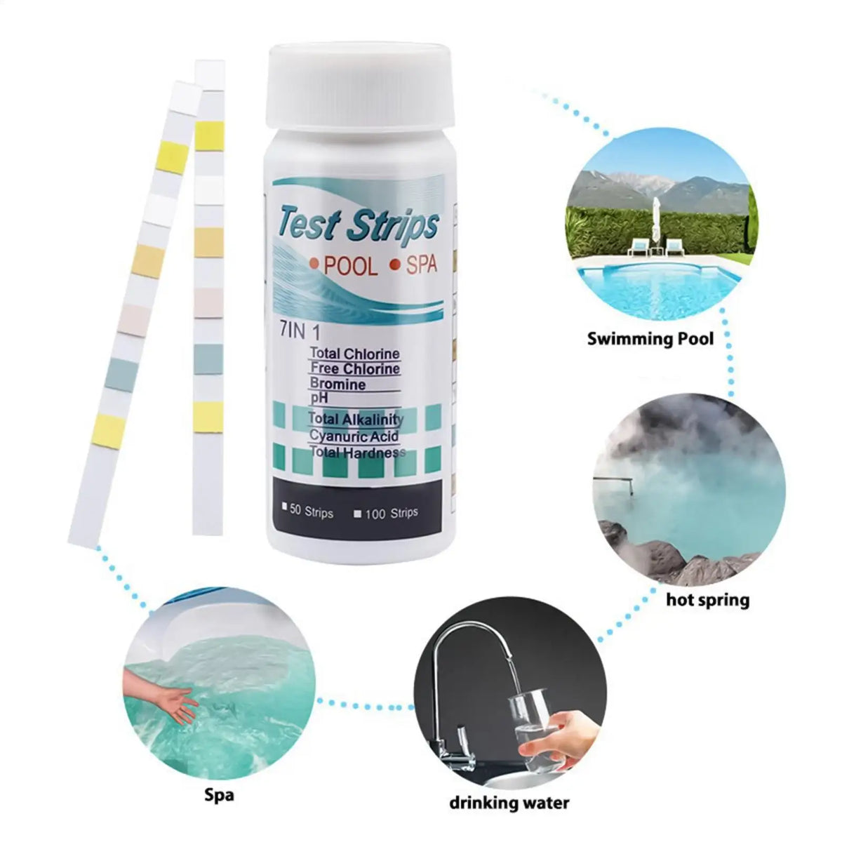7-in-1 Pool & Spa pH Test Strips 100ct | Chlorine & Alkalinity