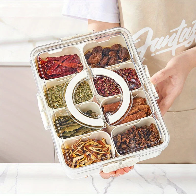 Divided Rotating Serving Tray Lid Handle Portable Snackle Box Fruits