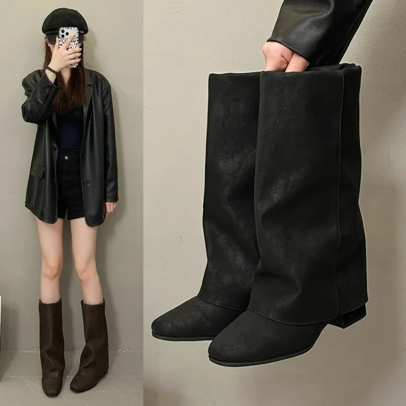 Women's Vintage Square Toe Mid-Calf Boots | Block Heel Slip-On