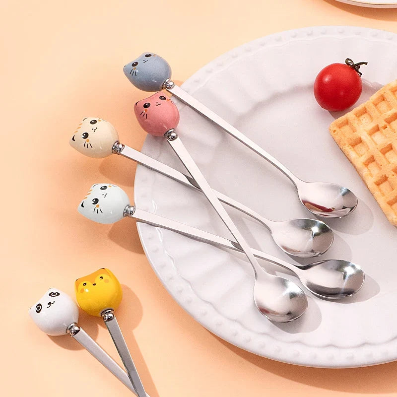 Stainless Steel Coffee Dessert Spoons Long Cat Handle Cartoon Ice
