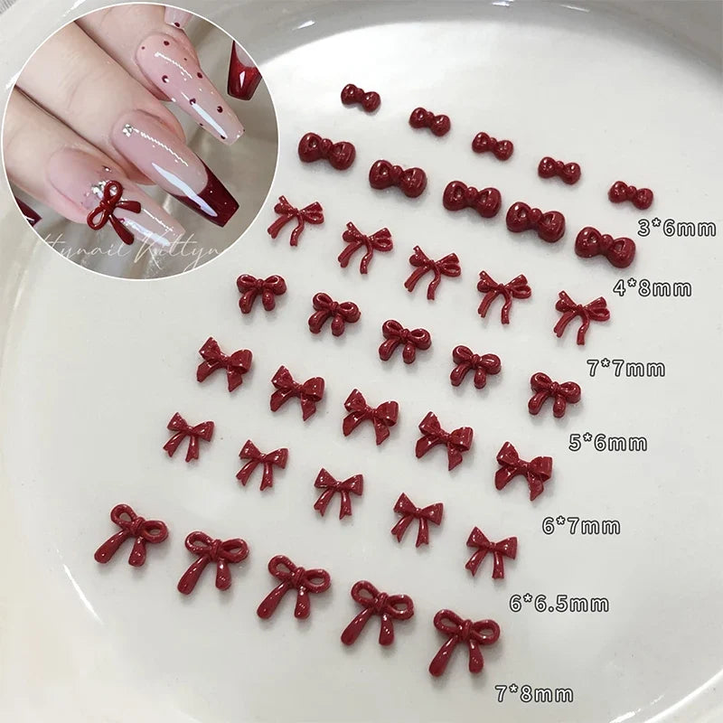 100pcs 3D Red Bow Nail Charms | Kawaii Resin Nail Art Decor