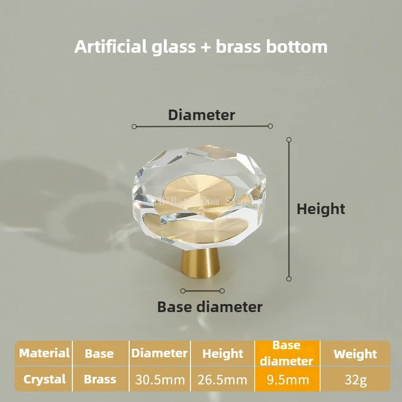 Solid Brass Crystal Glass Cabinet Pull Handle & Drawer Knob
