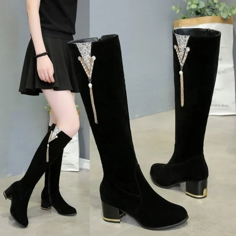 Women's Over-the-Knee Corduroy Boots – Side Zip Square Heel