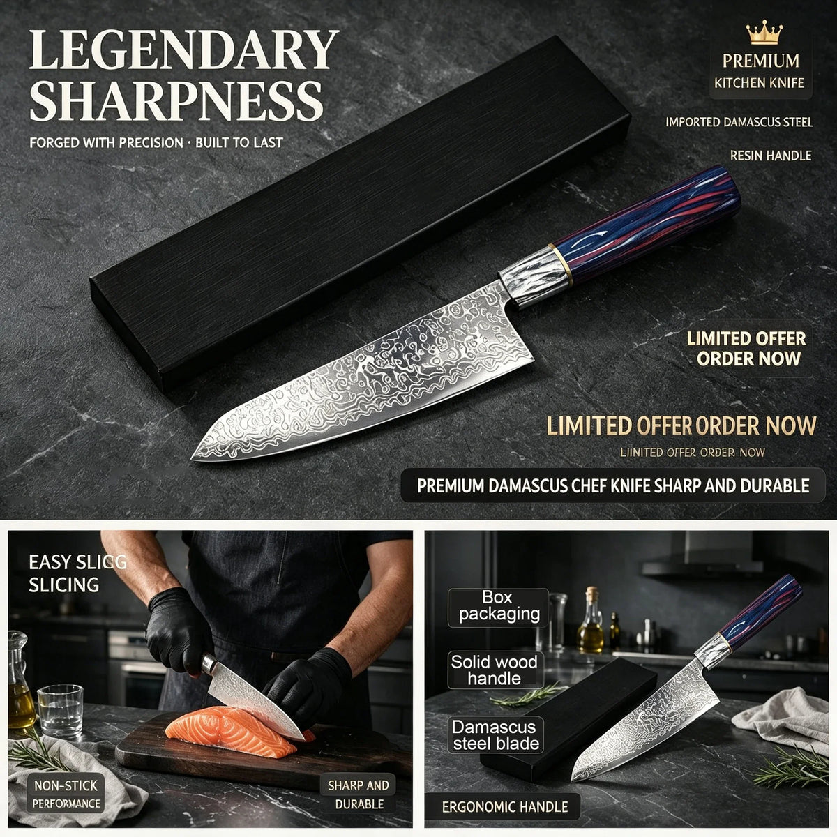 Damascus Steel Japanese Chef's Knife – 20cm Wood Handle