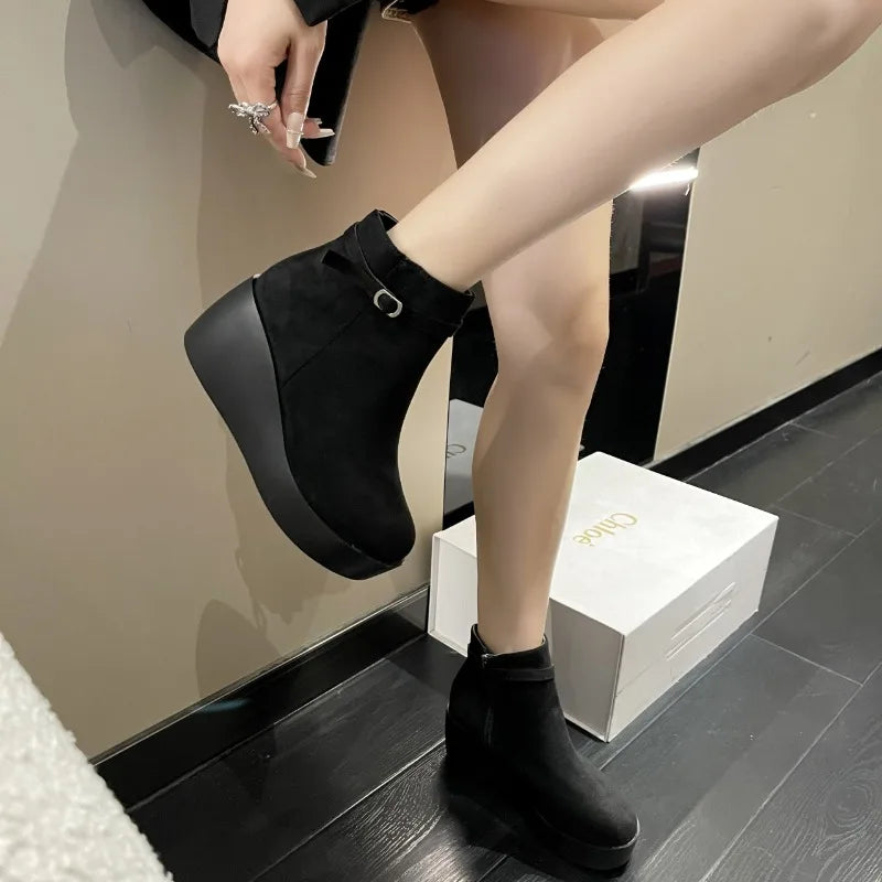 Women's Faux Suede Wedge Platform Ankle Boots Hidden Heel