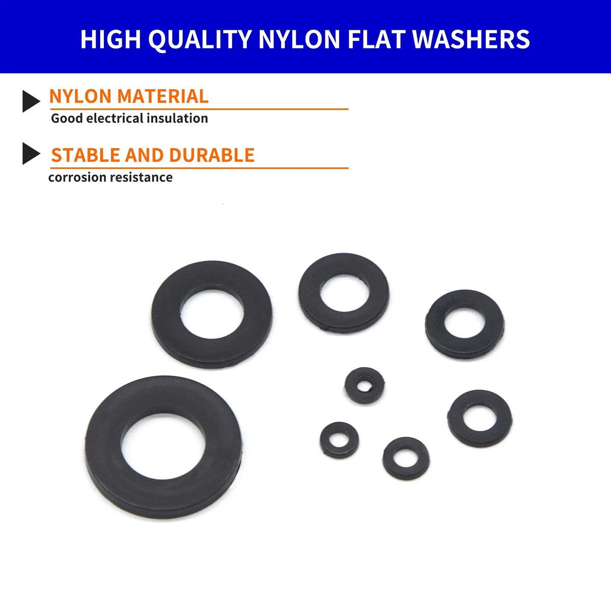 500 Pcs Nylon Flat Washer Kit M2–M10 | 8 Metric Sizes
