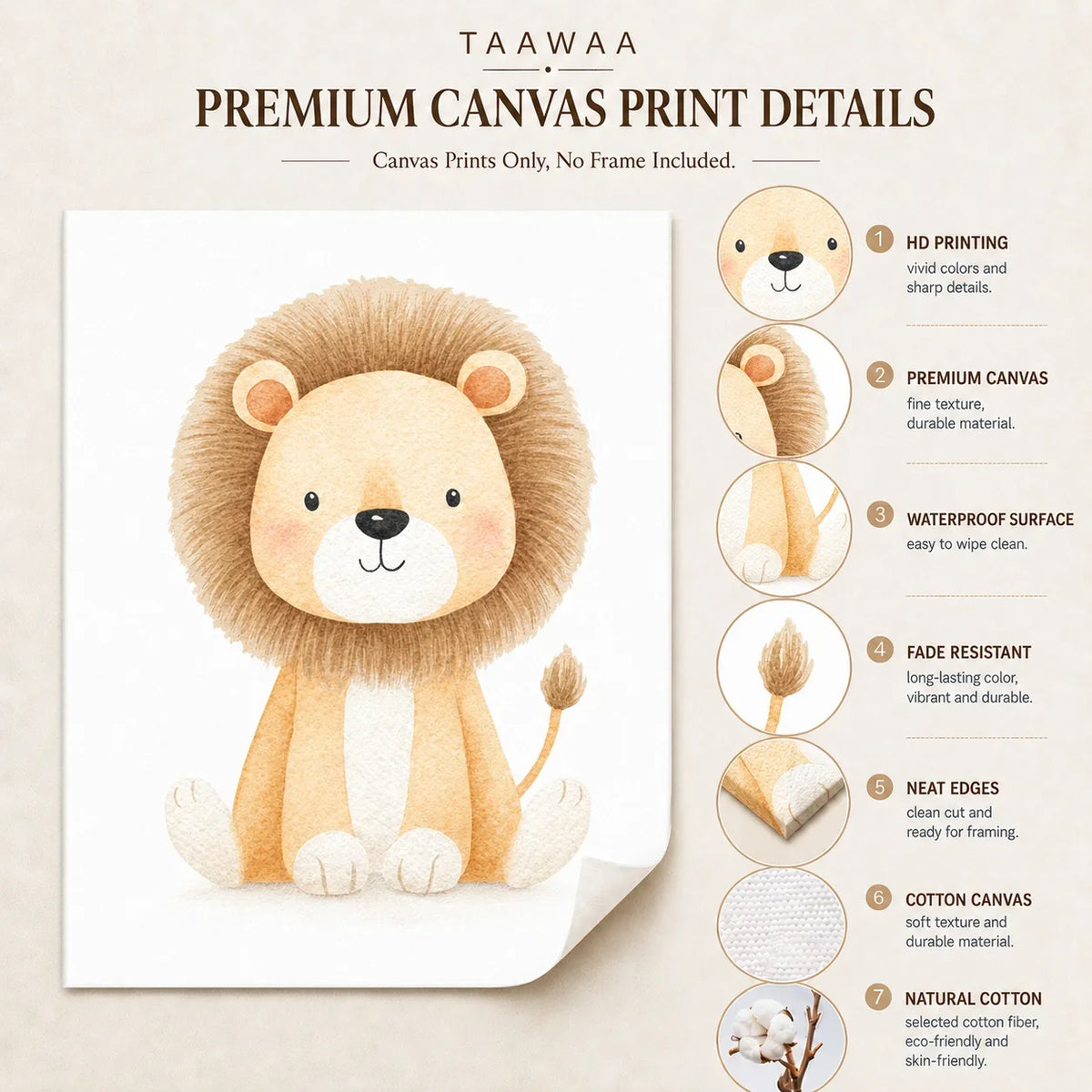 Nursery Animal Canvas Wall Art | Tiger Hippo Lion Kids Poster