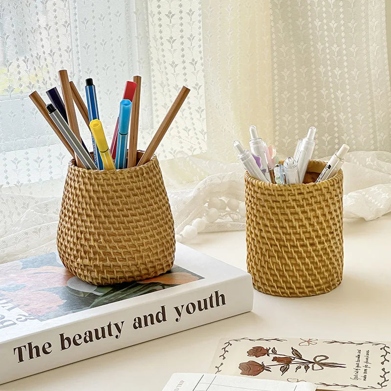 Rattan Pen Holder Desk Waterproof Sturdy School Office Supplies