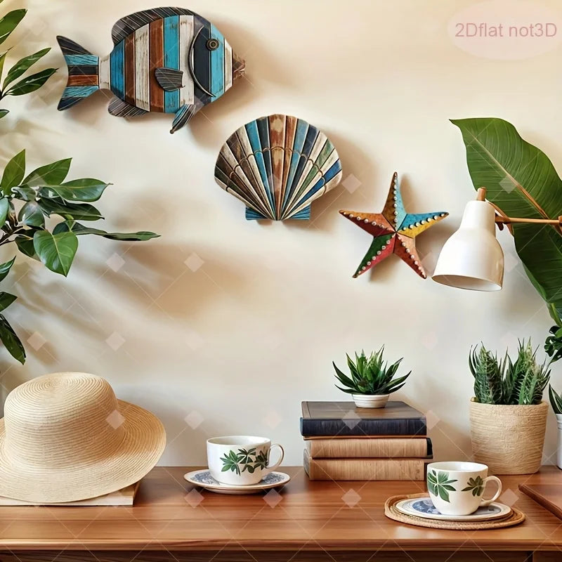 3-Piece Wooden Ocean Art – Fish Shell Starfish Farmhouse Decor
