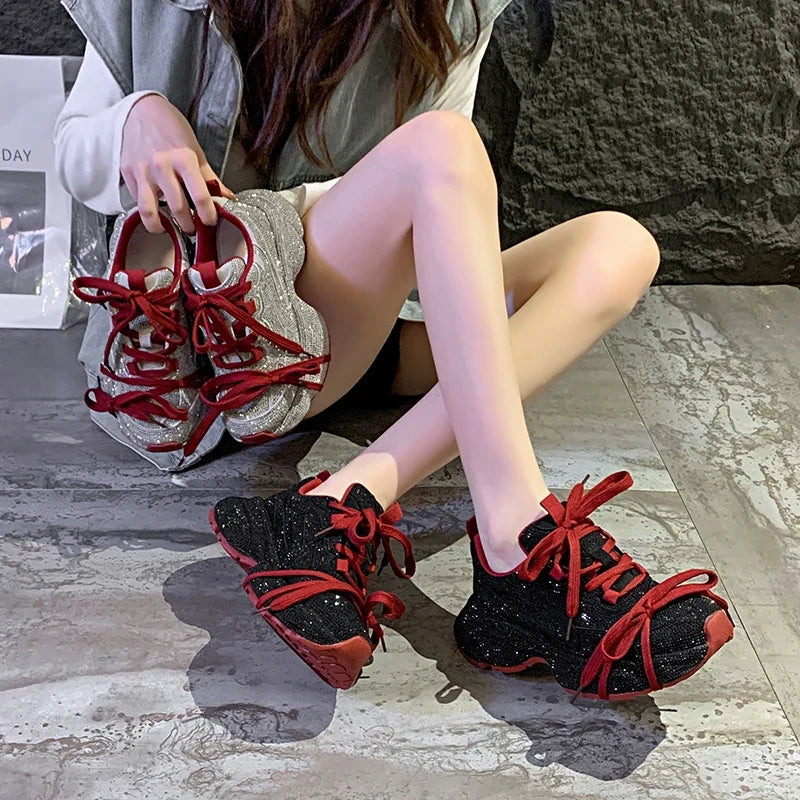 Women's Bling Platform Sneakers – Lace-Up Luxury Sport Shoes