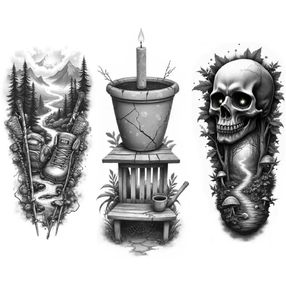 3-Pack Skull & Web Realistic Temporary Tattoos – Black & Grey