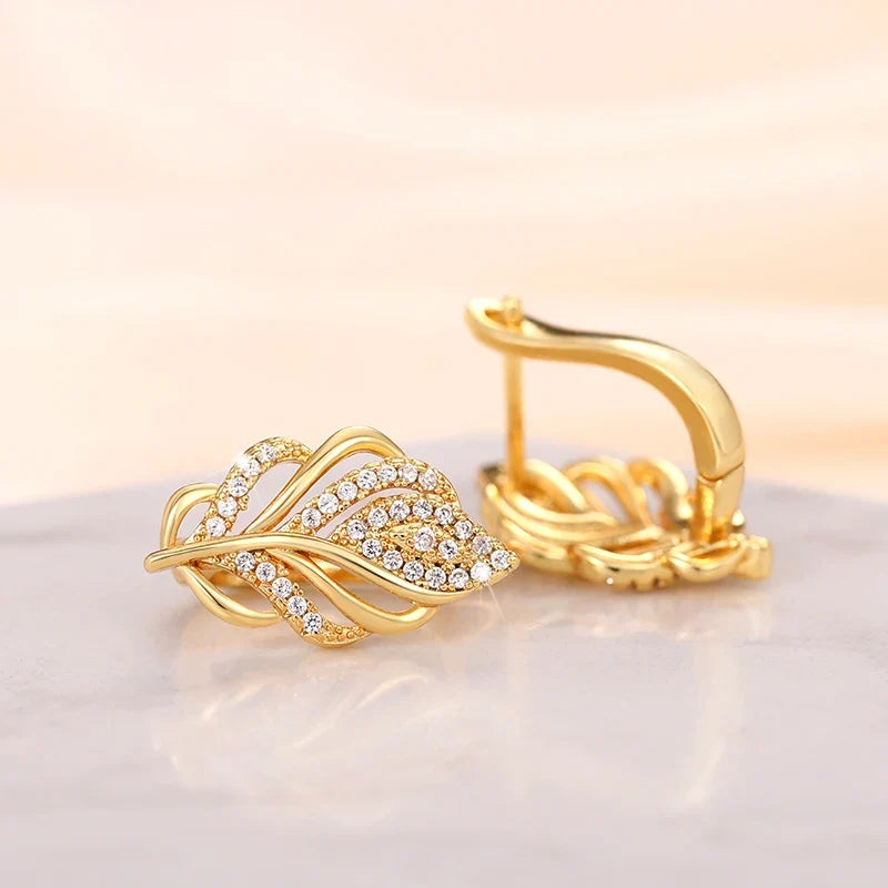 Huitan Gold Leaf Hoop Earrings | Cubic Zirconia Women's Jewelry