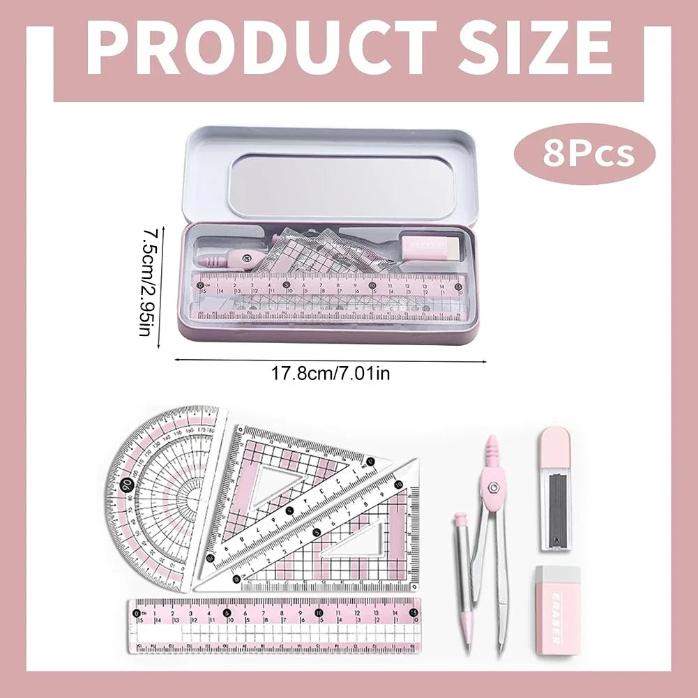 8-Piece Student Geometry Set – Compass, Protractor & Ruler