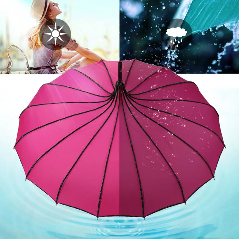 Vintage Long-Handle Umbrella – Windproof & UV-Proof, 16-Rib