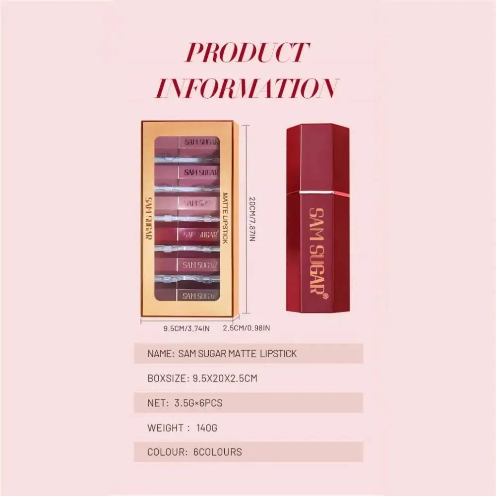 SAM SUGAR 6-Piece Matte & Pearlescent Lipstick Set | Long Lasting