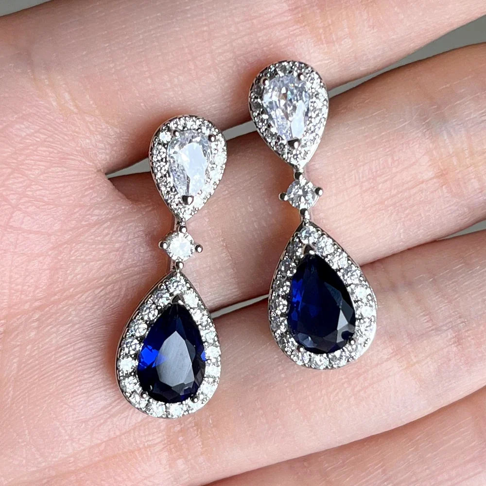 Huitan Water Drop CZ Earrings – Blue & White Cubic Zirconia