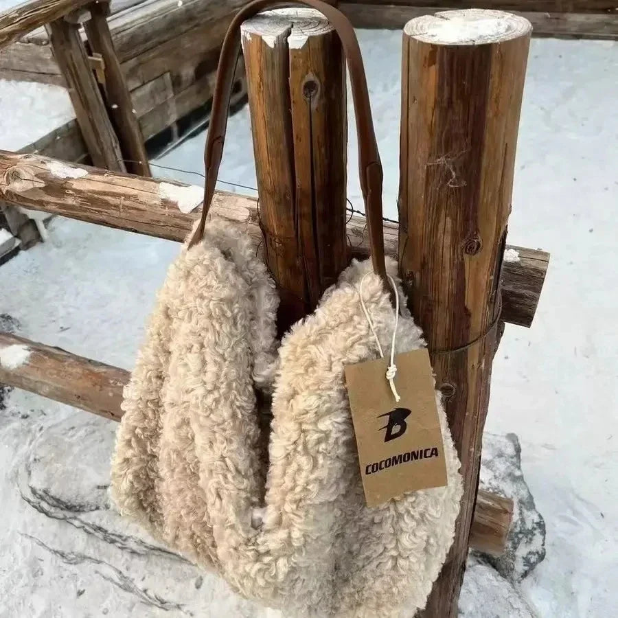 JPXB Lamb Wool Furry Tote Bag – Large Plush Shoulder Bag