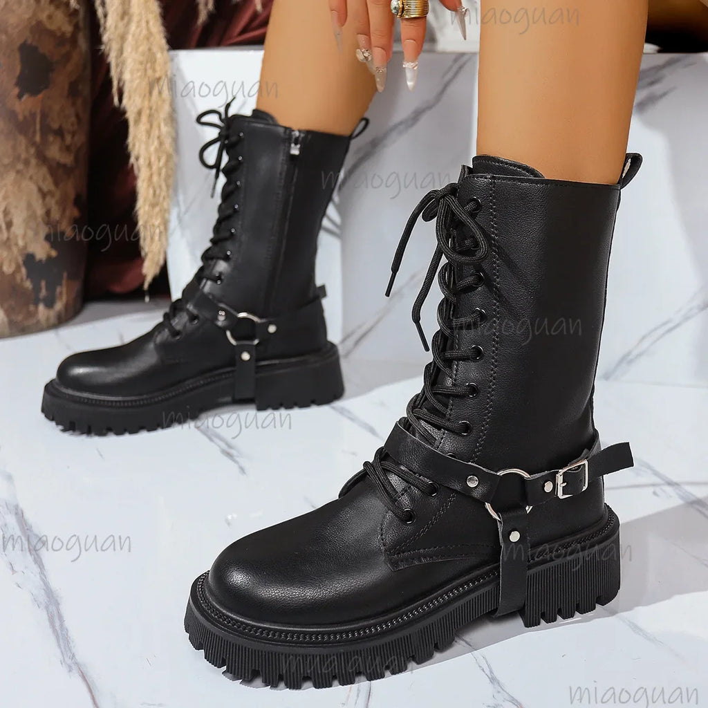 Women's Punk Mid-Calf Motorcycle Boots – Belt Buckle Zipper
