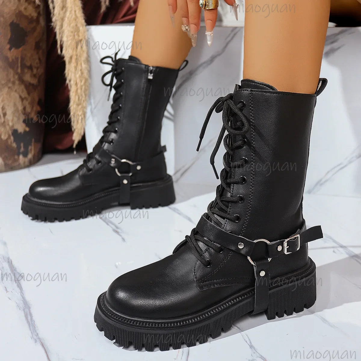 Women's Punk Mid-Calf Motorcycle Boots – Belt Buckle Zipper