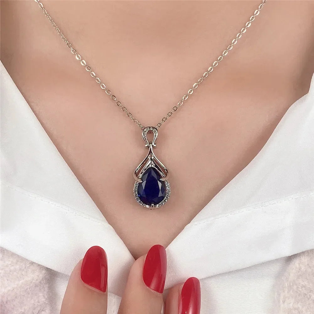 Huitan Blue Water Drop CZ Pendant Necklace for Women