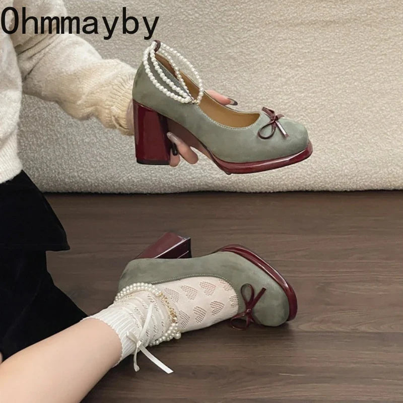 Women's Pearl Buckle Mary Jane Platform Pumps Butterfly-Knot