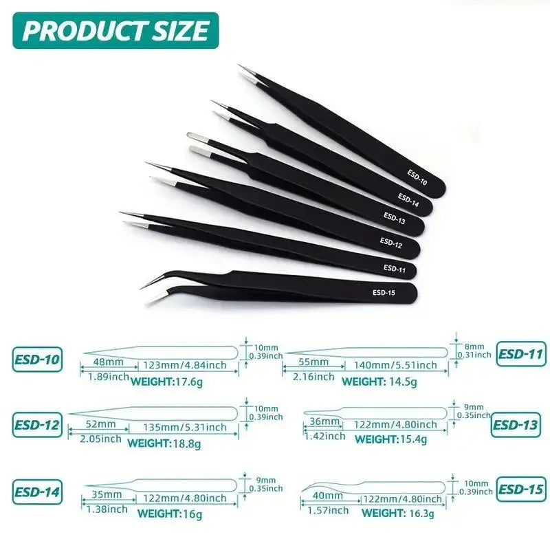 6-Piece ESD Anti-Static Precision Tweezers Set | Stainless Steel