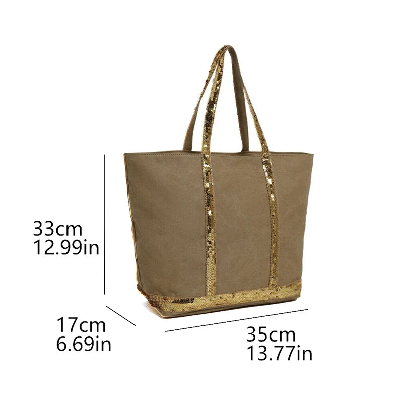 Vintage Canvas Sequin Tote Bag – Large Shoulder Bag for Women
