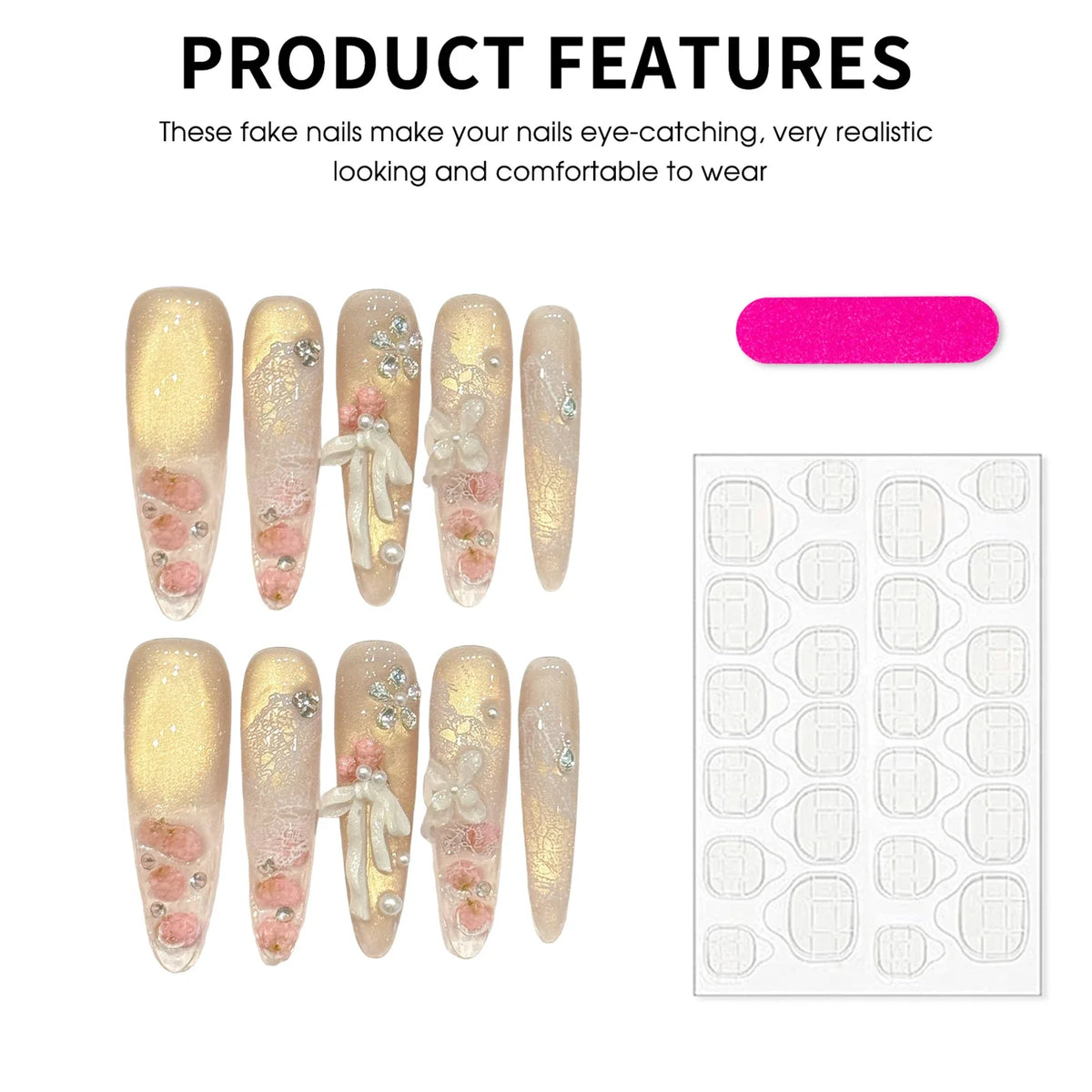 Handmade 3D Floral Lace Almond Press On Nails Cat's Eye 10pcs