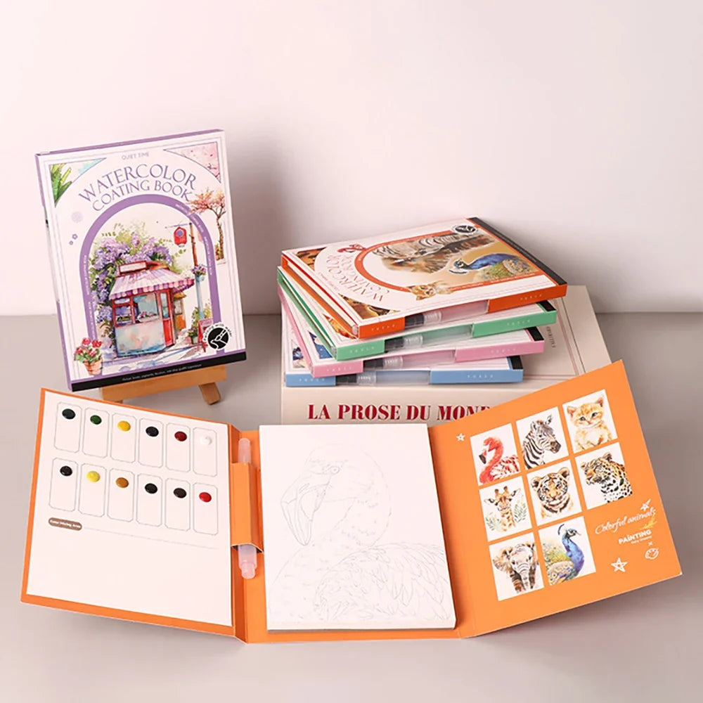 Travel Watercolor Painting Tri-fold Book Built-in 12 Colors Stress