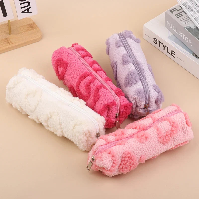 Plush Makeup Bag with Handle | Cute Love Print Travel Pouch