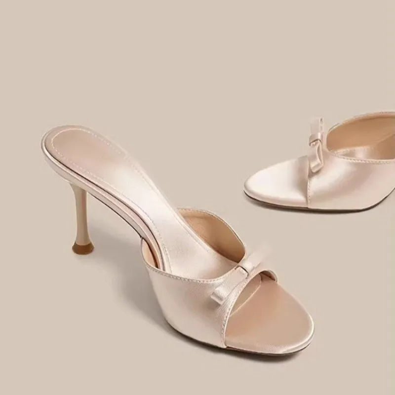 Satin Butterfly-Knot High Heel Slides – Women's Party Sandals