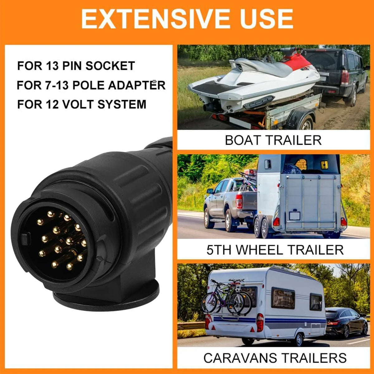 12V 13-Pin Trailer Plug Waterproof Wiring Connector Adapter