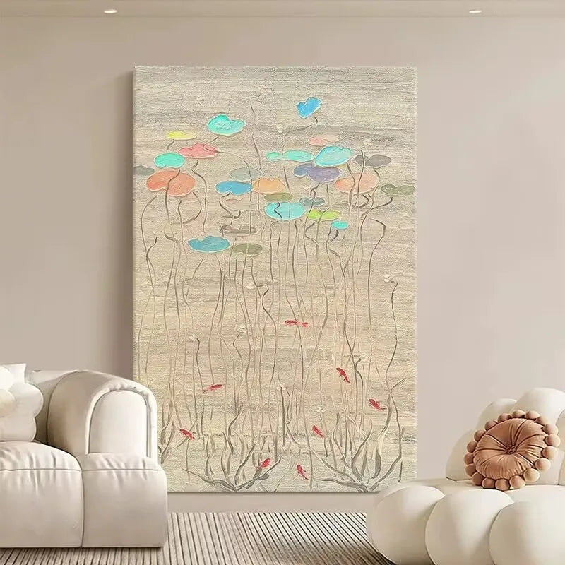 Lotus Pond Abstract Hand-Painted Oil Painting | Canvas Wall Art