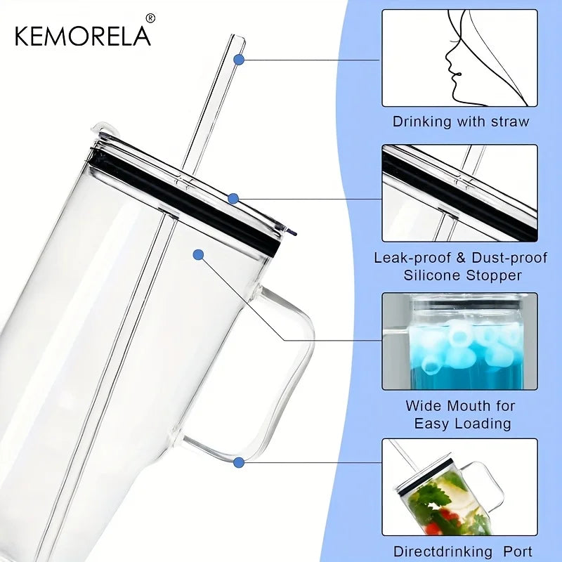 KEMORELA 40oz Glass Tumbler with Handle, Lid & Straw | 1–2 Pack