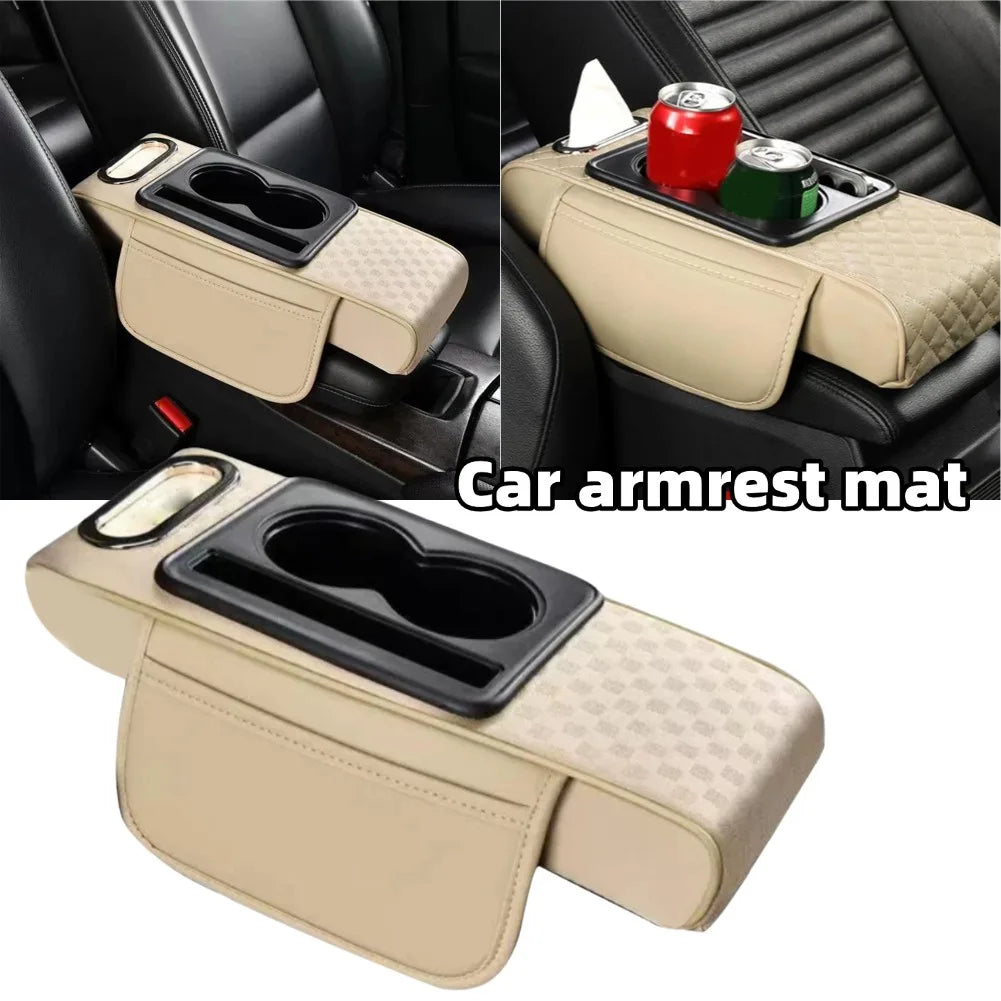 Car Armrest Cushion with Cup Holder & Tissue Pocket | Universal