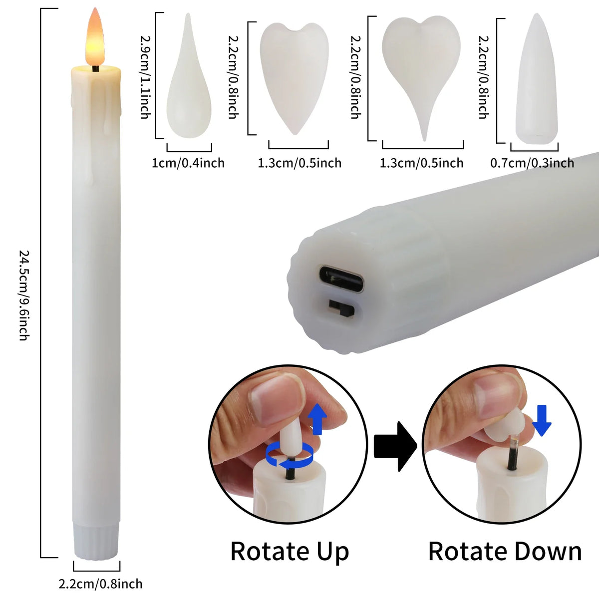 12 LED Rechargeable Flameless Taper Candle Battery Operated Remote