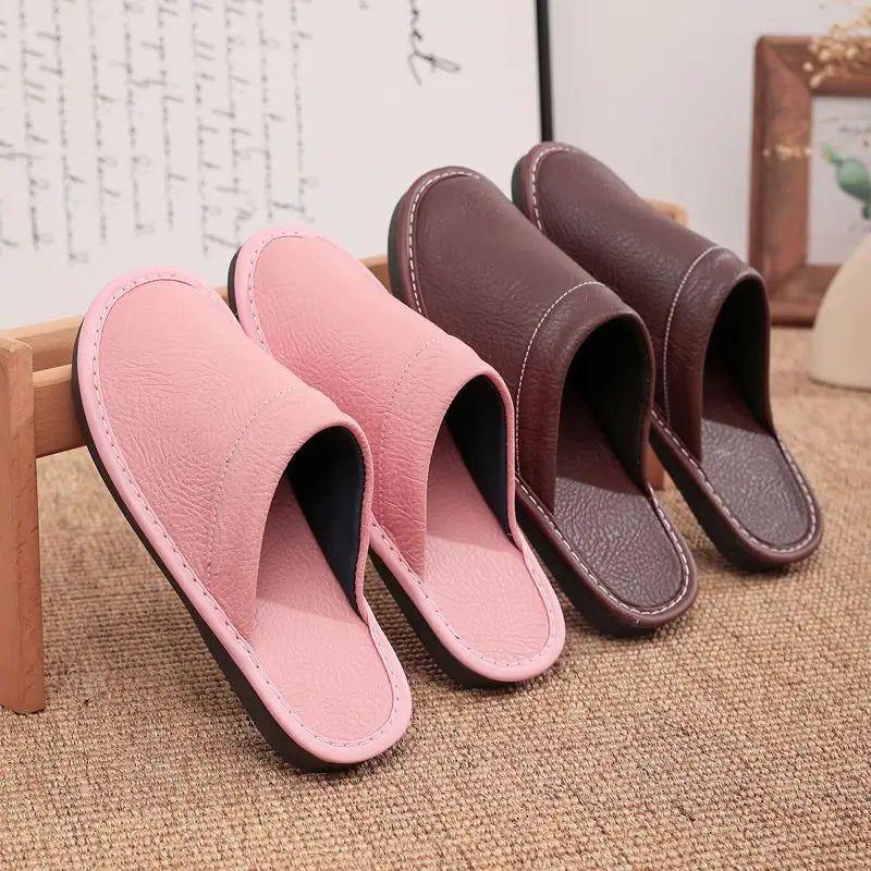 Lorilury Non-Slip Waterproof Indoor Leather Slippers Men Women