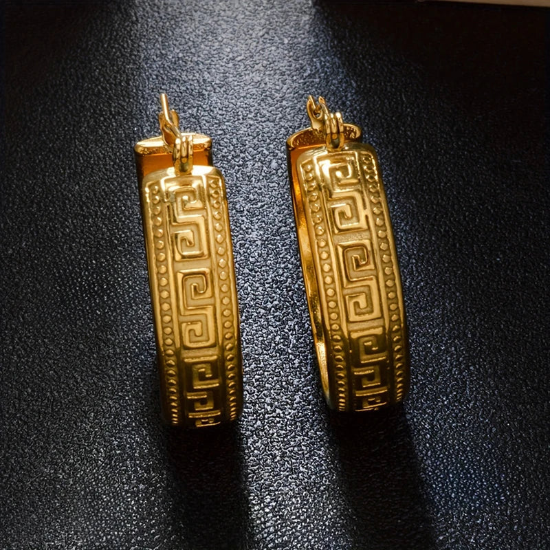 Huitan Greek Key Hoop Earrings – Vintage Geometric Women's Jewelry