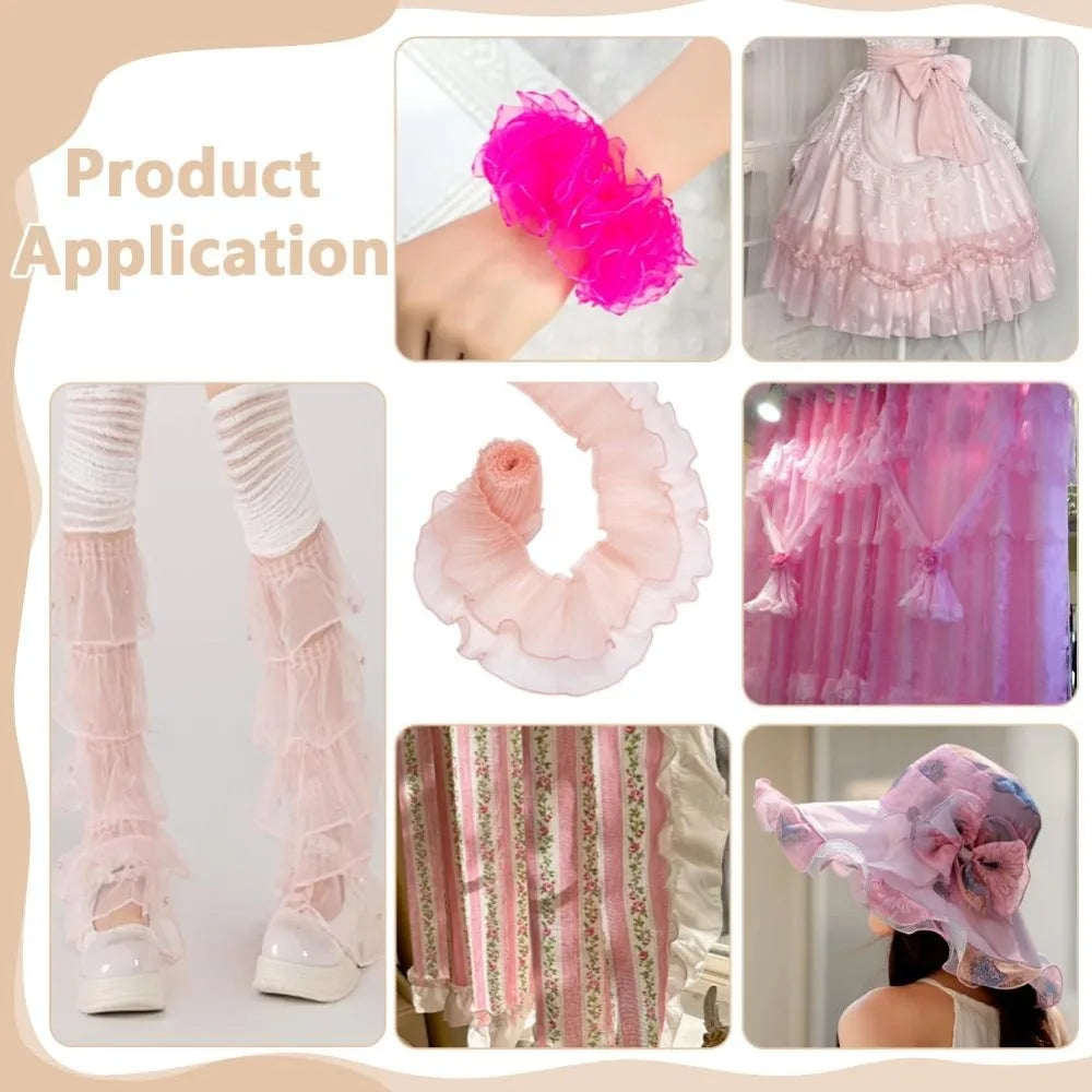 4 Yards Pink Organza Pleated Lace Ribbon Trim 5-1/8 Inch