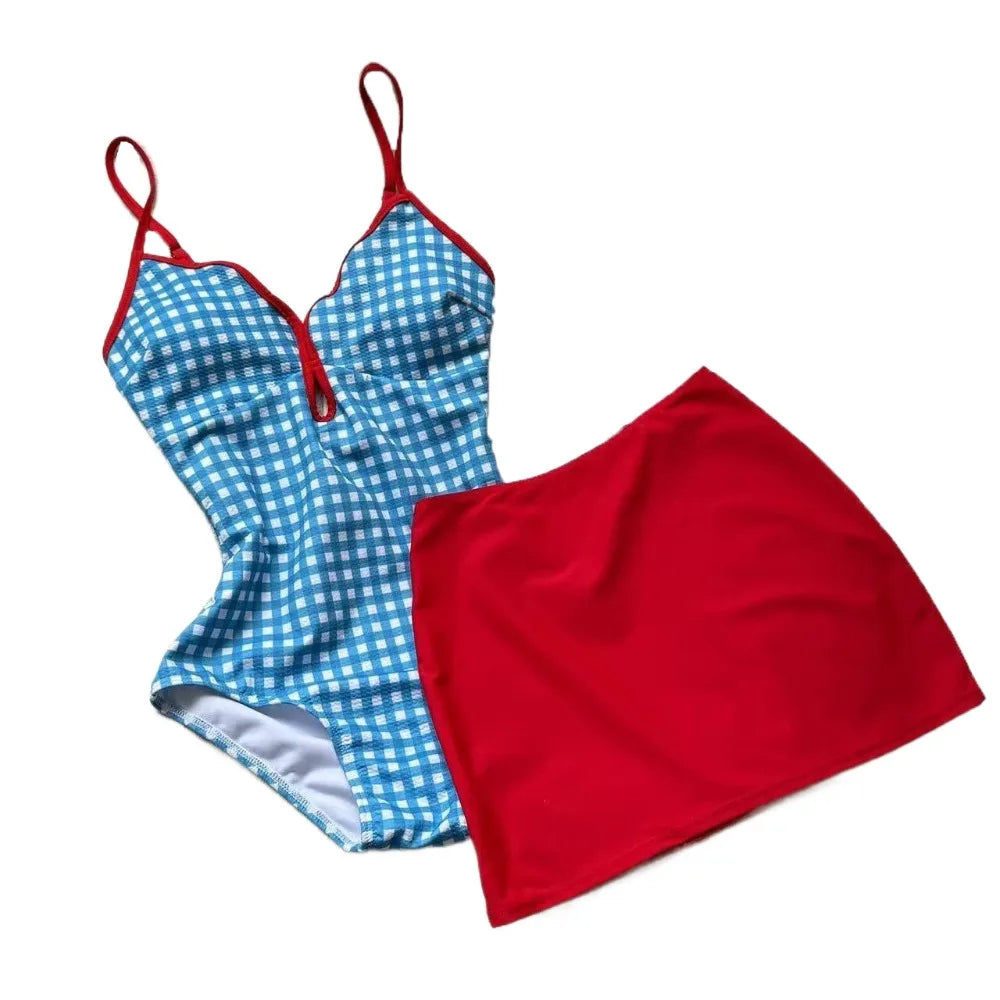 Women's Plaid Two-Piece Swimsuit Set | Scalloped Skirt Blue